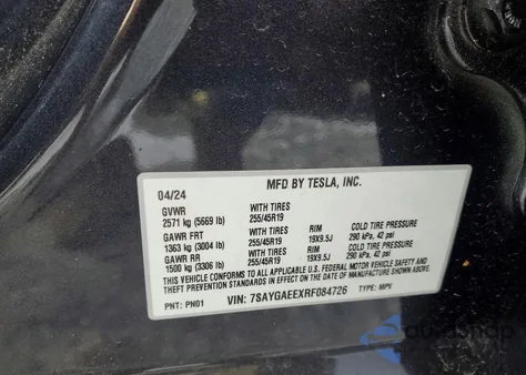 2024 Tesla Model Y из США, поврежденный, VIN 7SAYGAEEXRF084726